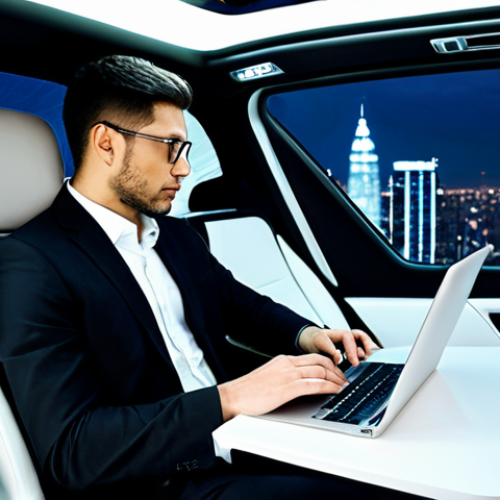 Home 11 A diverse group of professionals inside a luxurious, futuristic autonomous vehicle, transformed into a mobile office lounge. One person is comfortably working on a laptop, another is engrossed in a book, and a third is having a quiet conversation, all fully clothed in professional business attire. The vehicle interior is sleek with large windows showcasing a blur of modern city lights outside. The atmosphere is calm and productive, emphasizing reclaimed time and mental bandwidth. Full shot. Safe for work, appropriate content, fully clothed, professional, perfect anatomy, correct proportions, natural pose, well-formed hands, proper finger count, natural body proportions, high-quality, ultra-detailed, professional photography.