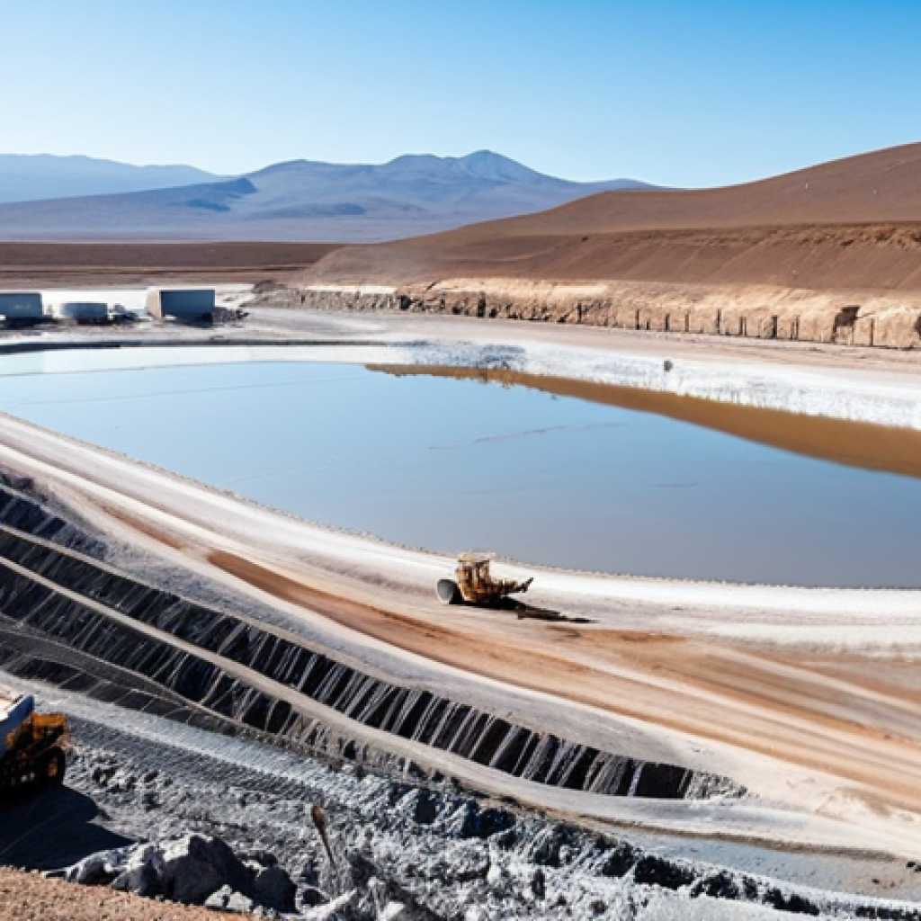 Lithium Mine Impact**
"A wide shot of a lithium mining operation in South America. Dry, cracked earth, large evaporation ponds. In the distance, a small village. Fully clothed workers are visible, operating heavy machinery. Focus on the environmental impact, showing the scale of the operation. Clear, bright lighting. Safe for work, appropriate content, fully clothed, professional, landscape photography, high quality, perfect anatomy, correct proportions, natural pose."
**