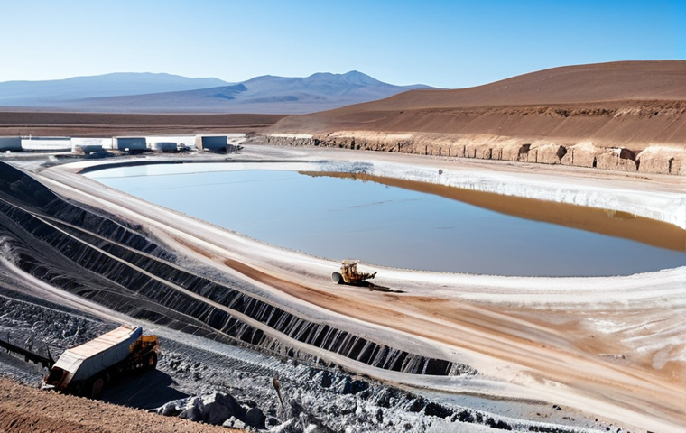 Lithium Mine Impact**
"A wide shot of a lithium mining operation in South America. Dry, cracked earth, large evaporation ponds. In the distance, a small village. Fully clothed workers are visible, operating heavy machinery. Focus on the environmental impact, showing the scale of the operation. Clear, bright lighting. Safe for work, appropriate content, fully clothed, professional, landscape photography, high quality, perfect anatomy, correct proportions, natural pose."
**