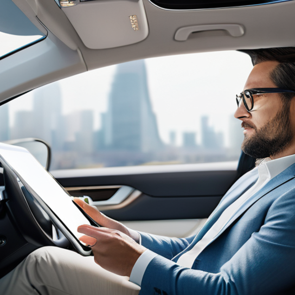 자율주행차의 시민 생활 변화 예측 - **Prompt:** "A highly detailed, interior shot of a luxurious, spacious autonomous vehicle. A profess...