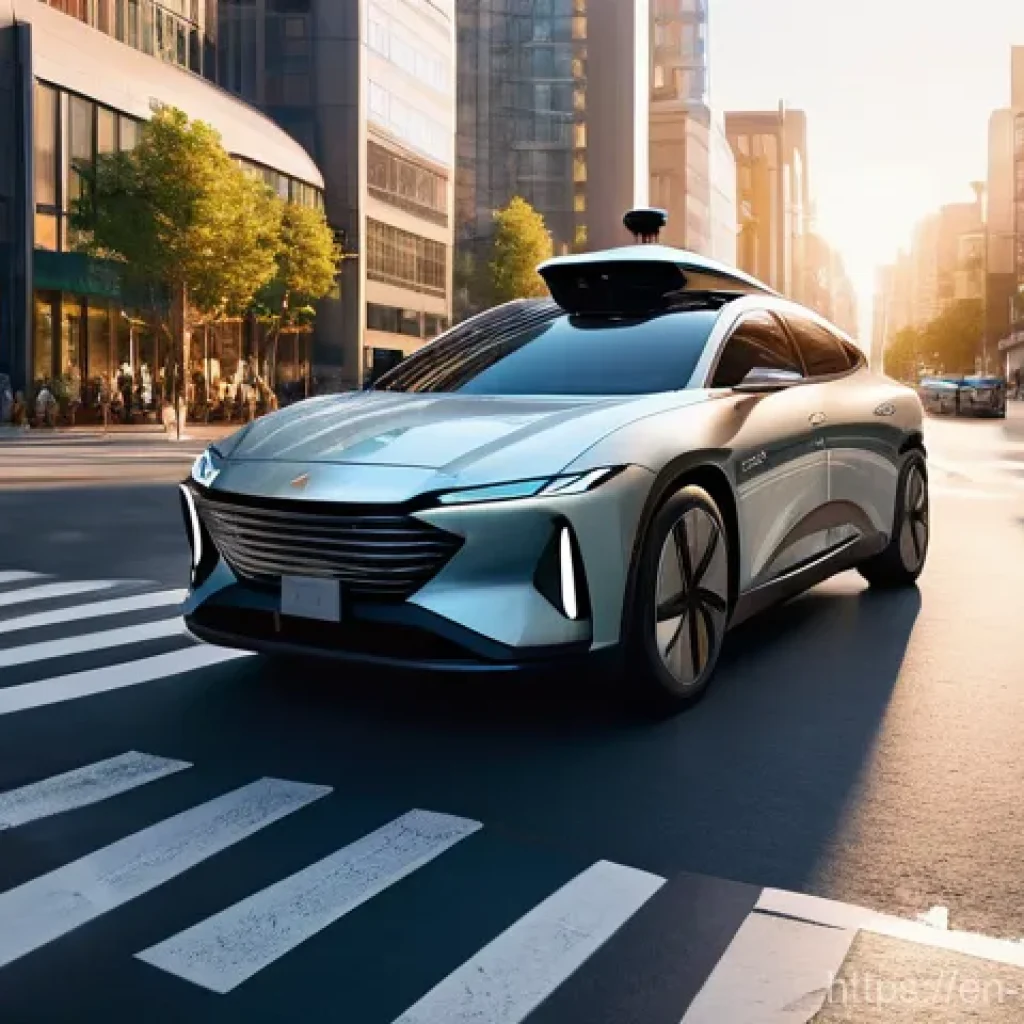 자율주행차의 비상 상황 대응 기술 - A high-angle, cinematic shot of a sleek, futuristic self-driving car gracefully navigating a bustlin...