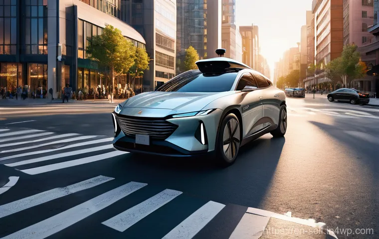 자율주행차의 비상 상황 대응 기술 - A high-angle, cinematic shot of a sleek, futuristic self-driving car gracefully navigating a bustlin...