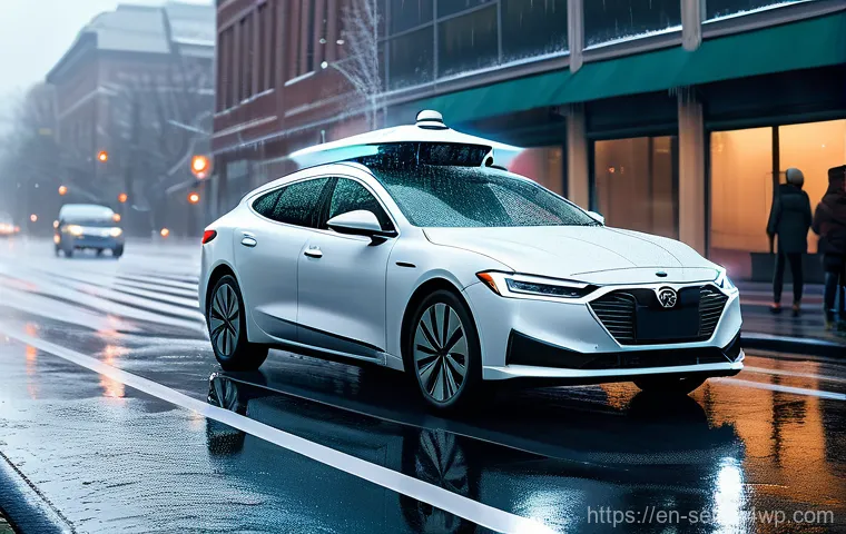 자율주행차의 비상 상황 대응 기술 - A high-angle, cinematic shot of a sleek, futuristic self-driving car gracefully navigating a bustlin... 자율주행차의 비상 상황 대응 기술 - A high-angle, cinematic shot of a sleek, futuristic self-driving car gracefully navigating a bustlin...
