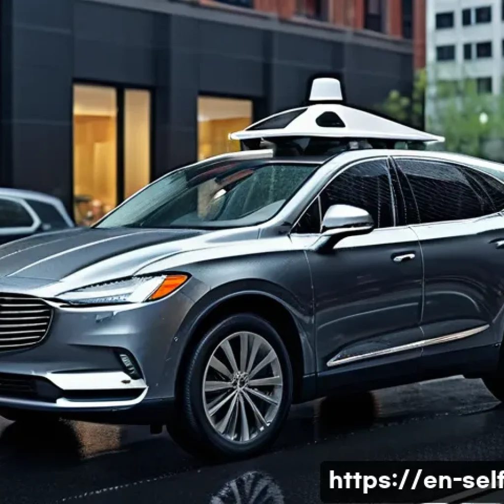 자율주행차의 기술 도입 장벽 - **Prompt:** A sleek, modern self-driving car, metallic gray, navigating a busy urban street during a...