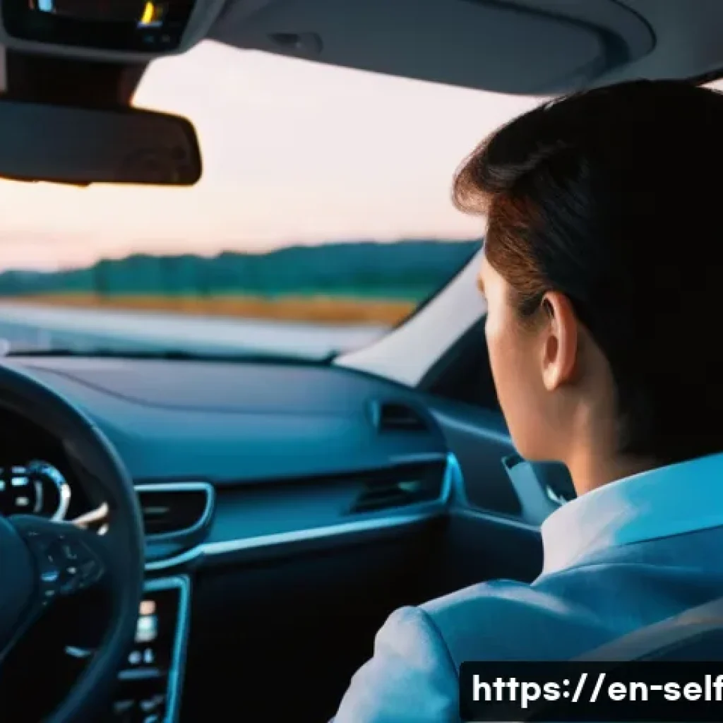 레벨 0부터 레벨 5까지 자율주행 등급 설명 - **Prompt:** A serene, modern car interior at dusk, showcasing a driver with a relaxed posture, hands...