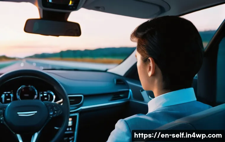 레벨 0부터 레벨 5까지 자율주행 등급 설명 - **Prompt:** A serene, modern car interior at dusk, showcasing a driver with a relaxed posture, hands...