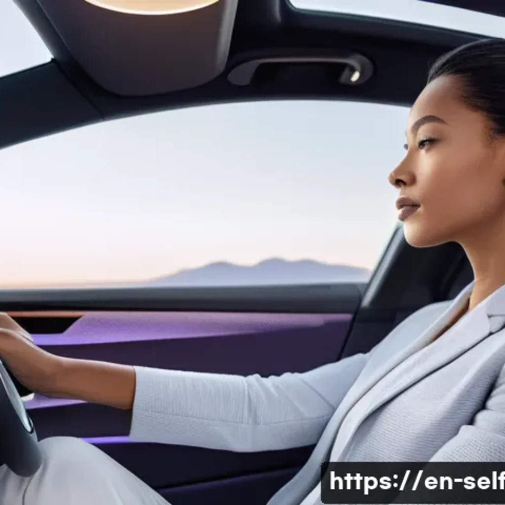 자율주행차의 감정 인식 기술 - **Prompt:** A sleek, futuristic self-driving car interior at twilight. A woman, dressed in smart cas...