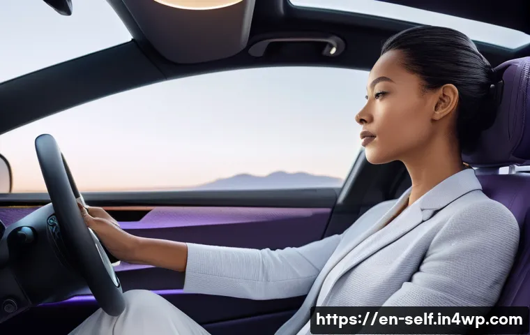 자율주행차의 감정 인식 기술 - **Prompt:** A sleek, futuristic self-driving car interior at twilight. A woman, dressed in smart cas...