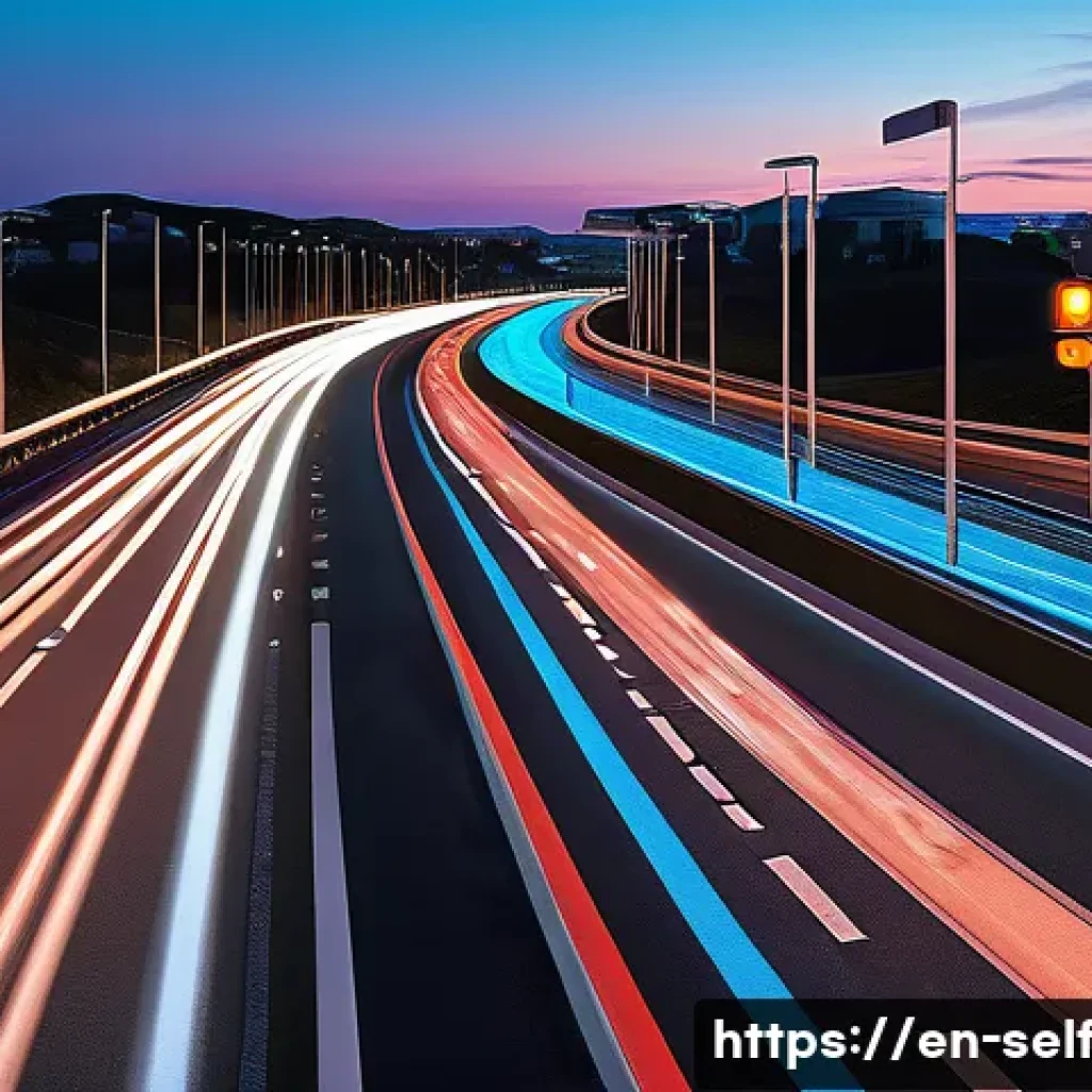 자율주행차의 도로 건설 및 유지 보수 영향 - A futuristic urban highway scene at dusk featuring autonomous vehicles driving smoothly on a road wi...