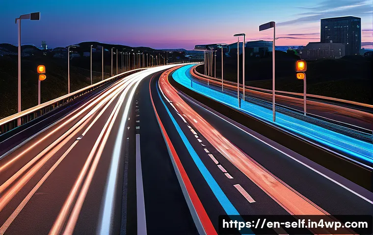 자율주행차의 도로 건설 및 유지 보수 영향 - A futuristic urban highway scene at dusk featuring autonomous vehicles driving smoothly on a road wi...
