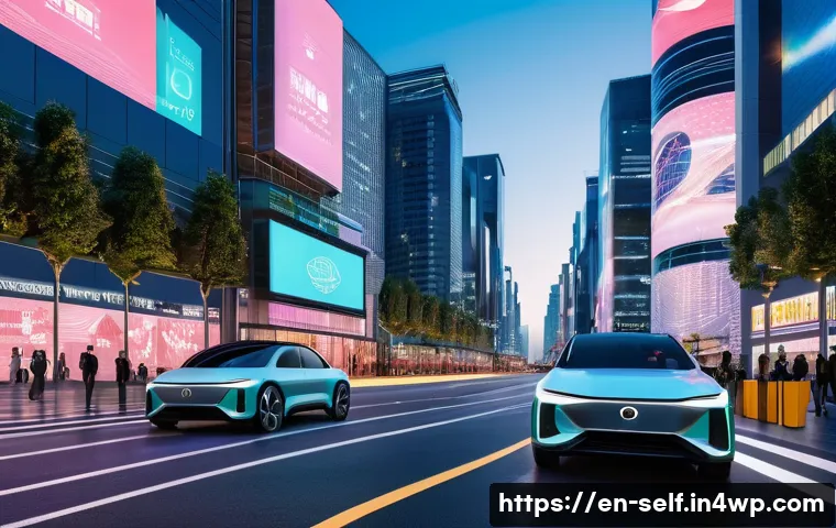 자율주행차의 법적 규제 현황 - A futuristic city street scene at dusk showcasing autonomous vehicles from various countries, each s...