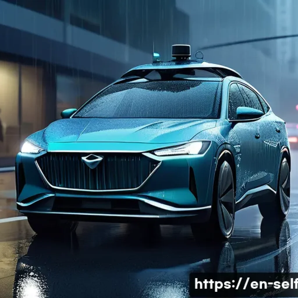 자율주행차의 기상 조건 대응 기술 - A sleek autonomous vehicle driving through a heavy rainstorm on a modern urban street at dusk, equip...