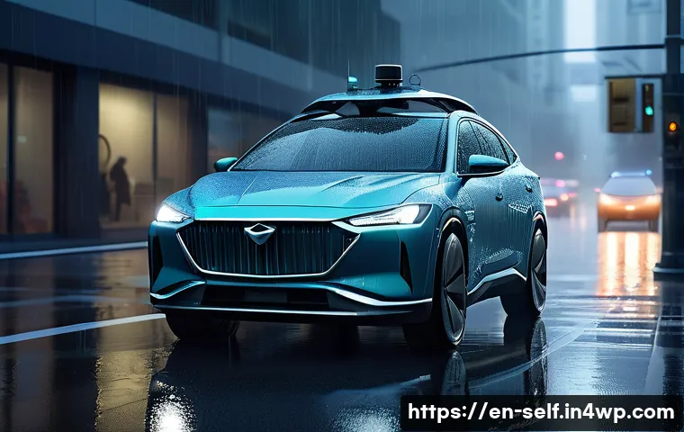 자율주행차의 기상 조건 대응 기술 - A sleek autonomous vehicle driving through a heavy rainstorm on a modern urban street at dusk, equip...