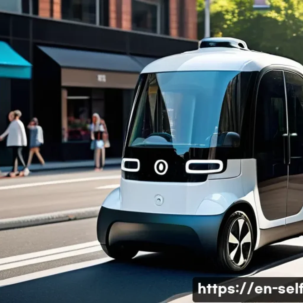 자율주행차와 음식 배달 서비스 통합 사례 - A sleek, compact autonomous electric delivery vehicle navigating a busy urban street during daytime,...