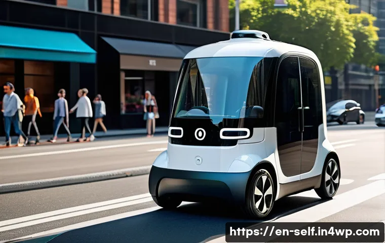 자율주행차와 음식 배달 서비스 통합 사례 - A sleek, compact autonomous electric delivery vehicle navigating a busy urban street during daytime,...