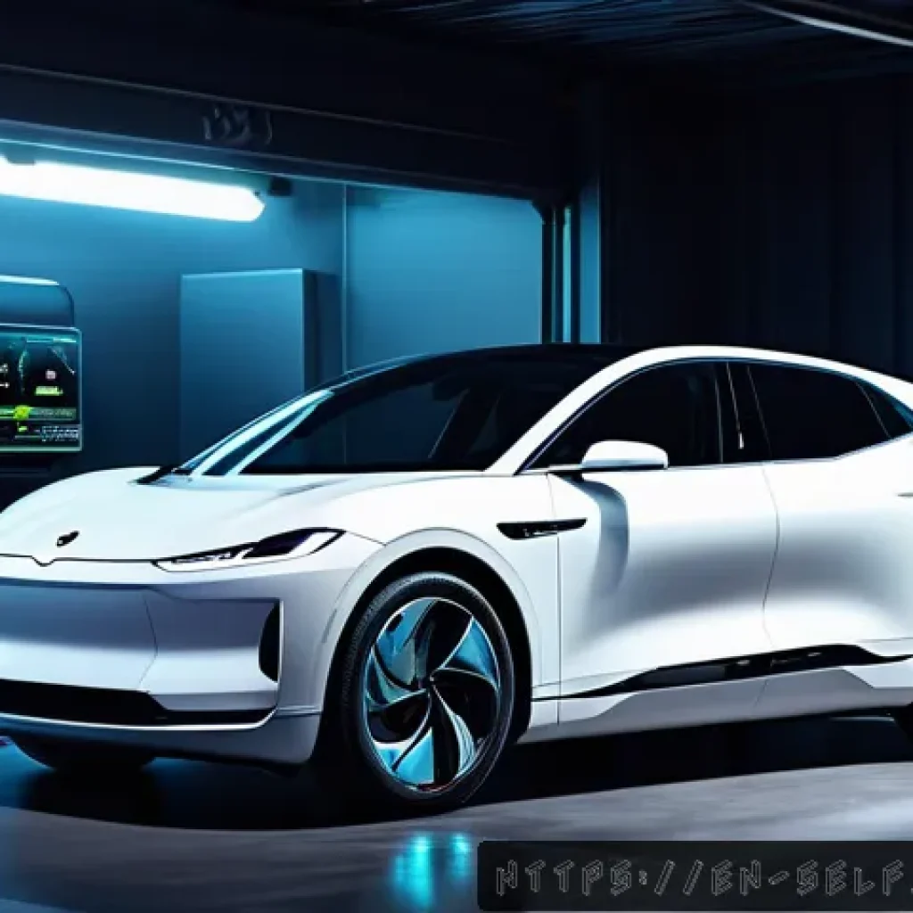 자율주행차의 소프트웨어 업데이트 방법 - A sleek autonomous electric vehicle parked in a modern garage at night, seamlessly receiving an over...