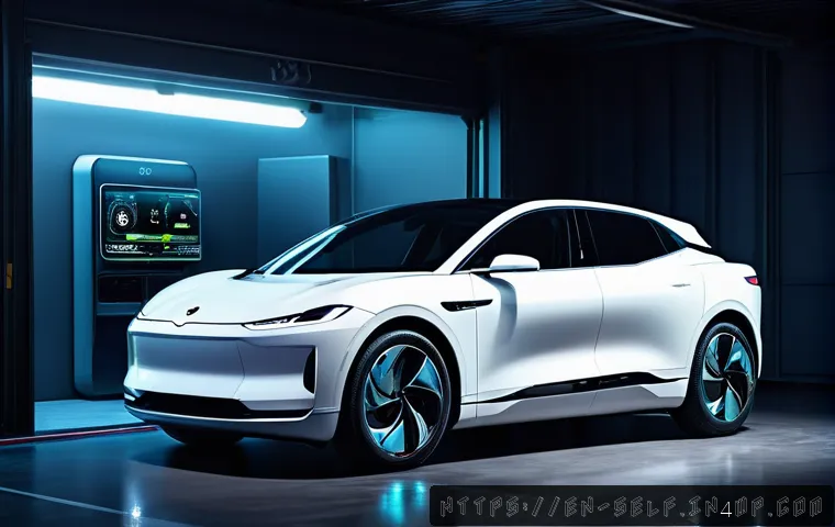 자율주행차의 소프트웨어 업데이트 방법 - A sleek autonomous electric vehicle parked in a modern garage at night, seamlessly receiving an over...