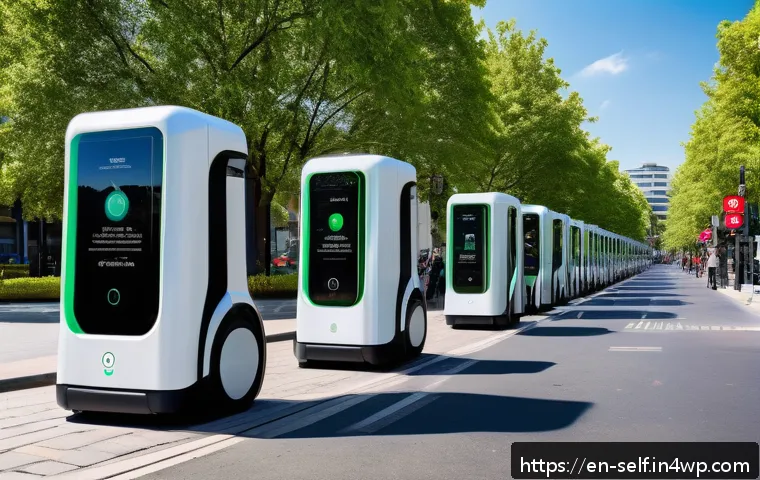 자율주행차와 공유 경제의 관계 - A bustling modern urban street scene featuring sleek autonomous electric vehicles in shared fleets p...