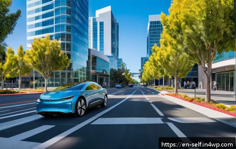 자율주행차의 지역별 수요 분석 - A futuristic urban scene in Silicon Valley featuring sleek autonomous electric vehicles navigating s...