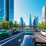 Home 18 자율주행차의 경제적 영향 분석 - A futuristic smart city intersection bustling with autonomous vehicles communicating seamlessly with...
