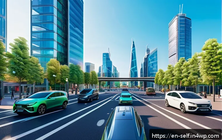 자율주행차의 경제적 영향 분석 - A futuristic smart city intersection bustling with autonomous vehicles communicating seamlessly with...