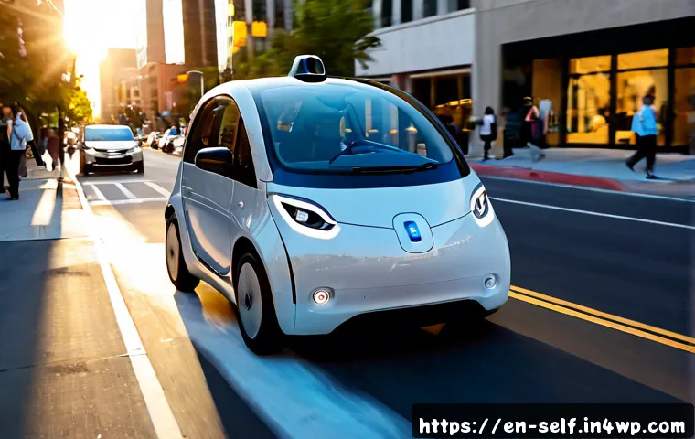 Home 13 자율주행차의 데이터 활용 윤리 - Photorealistic autonomous electric car traveling through a clean modern American city street at gold...