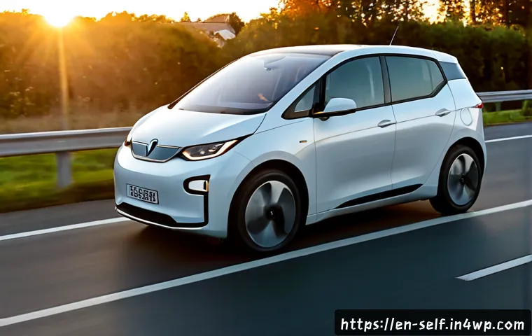 자율주행차의 차세대 기술 혁신 - Photorealistic autonomous electric car traveling smoothly along a clean suburban highway at sunrise,...