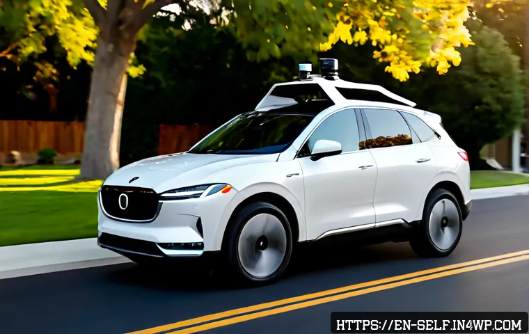 자율주행차에 사용되는 인공지능 기술 - Photorealistic autonomous electric car driving smoothly along a clean suburban street in the United ...