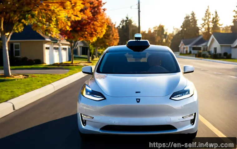 자율주행차의 보험 정책 변화 - Photorealistic autonomous electric sedan traveling smoothly on a clean suburban American road at ear...