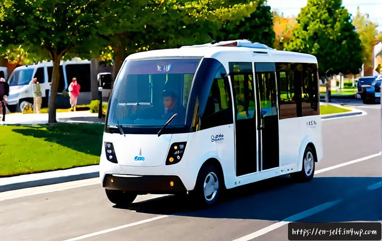 Home 17 자율주행차의 모빌리티 서비스 사례 - Photorealistic autonomous electric shuttle providing neighborhood mobility service, a clean driverle...