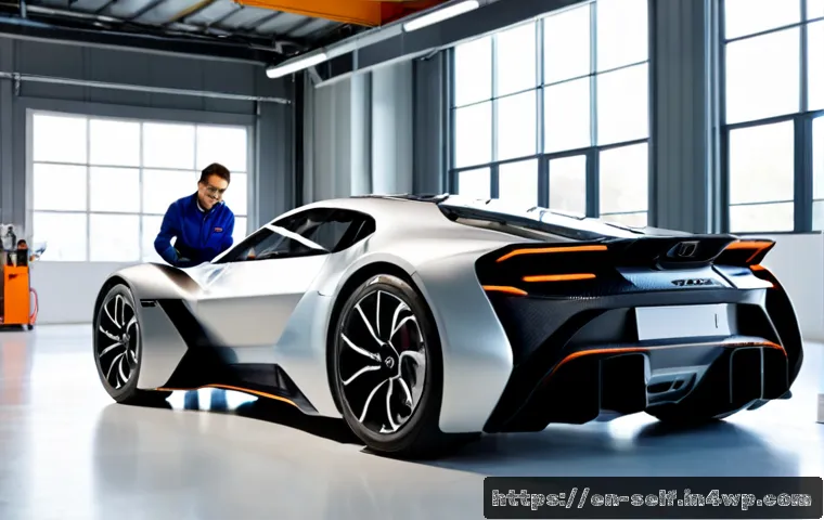 Home 17 자율주행차의 경량화 기술 - Photorealistic automotive engineering lab, a sleek electric autonomous vehicle chassis displayed in ...